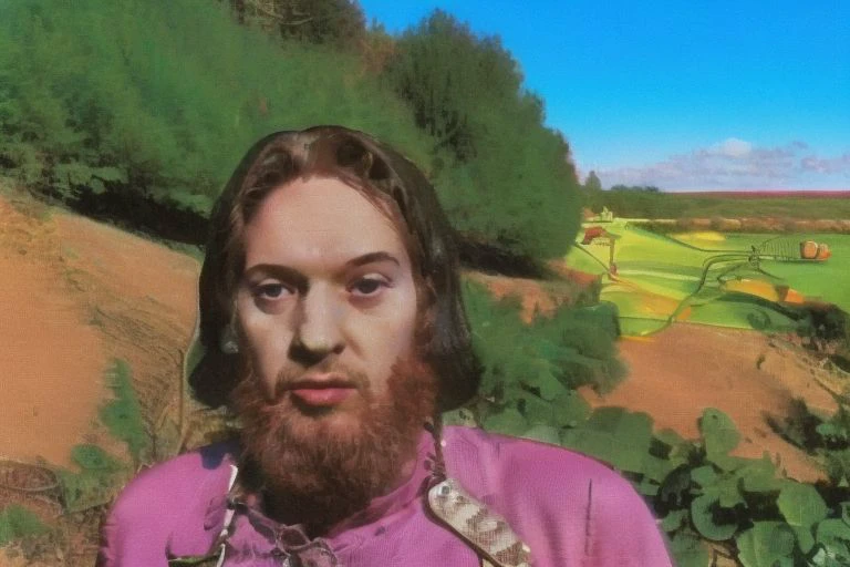 Weirdcore close-up of <ffurian> male character with beard, standing in green hills plants, 90VHS, (<ffurian> close-up, in pink clothing 1.3), ffurian looking at viewer (y2k aesthetic 0.8), ms paint style <lora:ms-paint-lora:1> (sunny weather 1.2), the matrix movie, <lora:y2kaesthetic:0.7>, 3d render, lush, bloom, neon, half0ster