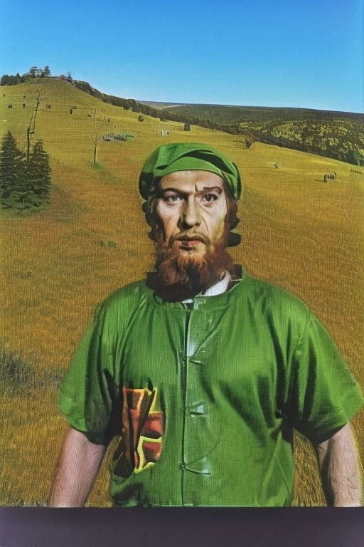 Weirdcore close-up of <ffurian> male character with beard, standing in green hills grass, red sky, 90VHS, (<ffurian> close-up, in weird clothing 1.3), ffurian looking at viewer (y2k aesthetic 0.8), ms paint style <lora:ms-paint-lora:1> cult leader (sunny weather 1.2), the matrix movie, <lora:y2kaesthetic:0.7>, 3d render, lush, bloom, neon, half0ster, CCTV Style