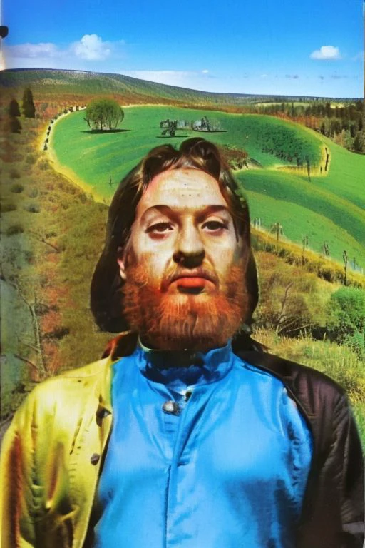 Weirdcore close-up of <ffurian> male character with beard, standing in green hills plants, 90VHS, (<ffurian> close-up, in blue clothing 1.3), ffurian looking at viewer (y2k aesthetic 0.8), ms paint style <lora:ms-paint-lora:1> (sunny weather 1.2), the matrix movie, <lora:y2kaesthetic:0.7>, 3d render, lush, bloom, neon, half0ster