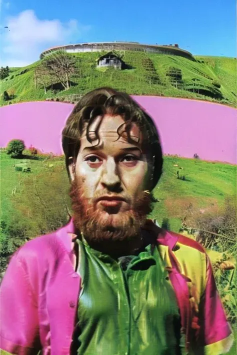 Weirdcore close-up of <ffurian> male character with beard, standing in green hills plants, 90VHS, (<ffurian> close-up, in pink clothing 1.3),  ffurian looking at viewer (y2k aesthetic 0.8), ms paint style <lora:ms-paint-lora:1> (sunny weather 1.2), the matrix movie, <lora:y2kaesthetic:0.7>, 3d render, lush, bloom, neon, half0ster