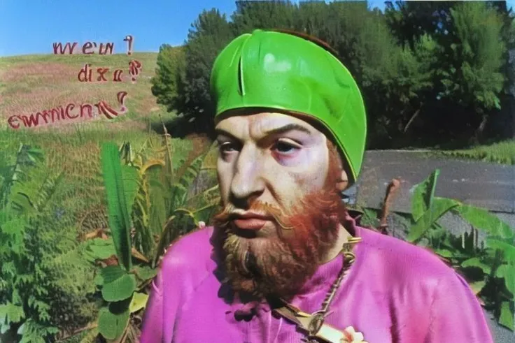 Weirdcore close-up of <ffurian> male character with beard, standing in green hills plants, 90VHS, (<ffurian> close-up, in pink clothing 1.3),  ffurian looking at viewer (y2k aesthetic 0.8), ms paint style <lora:ms-paint-lora:1> (sunny weather 1.2), the matrix movie, <lora:y2kaesthetic:0.7>, 3d render, lush, bloom, neon, half0ster