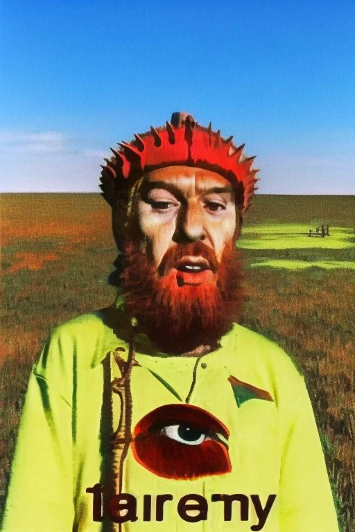Weirdcore close-up of <ffurian> male character with beard, standing in arid hills grass, red sky, 90VHS, (<ffurian> close-up, in weird clothing 1.3), ffurian looking at viewer (y2k aesthetic 0.8), ms paint style <lora:ms-paint-lora:1> cult leader (sunny weather 1.8), the matrix movie, <lora:y2kaesthetic:0.7>, 3d render, lush, bloom, neon, half0ster, CCTV Style