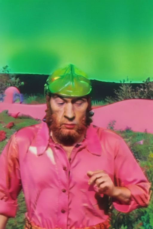 Weirdcore close-up of <ffurian> male character with beard, standing in green hills plants, 90VHS, (<ffurian> close-up, in pink clothing 1.3),  ffurian looking at viewer (y2k aesthetic 0.8), ms paint style <lora:ms-paint-lora:1> (sunny weather 1.2), the matrix movie, <lora:y2kaesthetic:0.7>, 3d render, lush, bloom, neon, half0ster