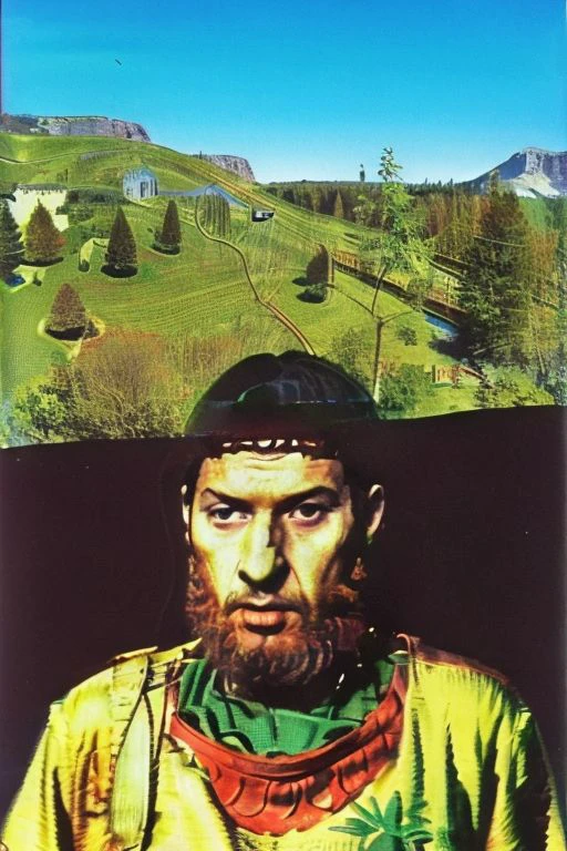 Weirdcore close-up of <ffurian> male character with beard, standing in green hills plants, 90VHS, (<ffurian> close-up, in islamicclothing 1.3), ffurian looking at viewer (y2k aesthetic 0.8), ms paint style <lora:ms-paint-lora:1> (sunny weather 1.2), the matrix movie, <lora:y2kaesthetic:0.7>, 3d render, lush, bloom, neon, half0ster