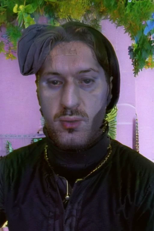 Weirdcore close-up of <ffurian> male character with beard, standing in pink hills plants, 90VHS, (<ffurian> close-up, in black clothing 1.3), ffurian looking at viewer (y2k aesthetic 0.8), ms paint style <lora:ms-paint-lora:1> (sunny weather 1.2), the matrix , <lora:y2kaesthetic:0.7>, 3d render, lush, bloom, neon, half0ster