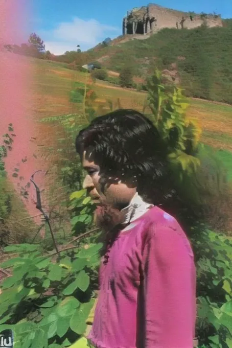 Weirdcore close-up of <ffurian> male character with beard, standing in green hills plants, 90VHS, (<ffurian> close-up, in pink clothing 1.3), ffurian looking at viewer (y2k aesthetic 0.8), ms paint style <lora:ms-paint-lora:1> (sunny weather 1.2), the matrix , <lora:y2kaesthetic:0.7>, 3d render, lush, bloom, neon, half0ster