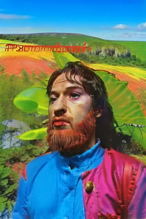 Weirdcore close-up of <ffurian> male character with beard, standing in pink hills plants, 90VHS, (<ffurian> close-up, in blue clothing 1.3), ffurian looking at viewer (y2k aesthetic 0.8), ms paint style <lora:ms-paint-lora:1> (sunny weather 1.2), the matrix , <lora:y2kaesthetic:0.7>, 3d render, lush, bloom, neon, half0ster