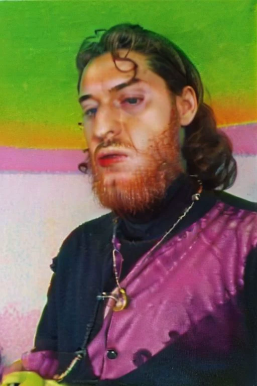 Weirdcore close-up of <ffurian> male character with beard, standing in pink hills plants, 90VHS, (<ffurian> close-up, in black clothing 1.3), ffurian looking at viewer (y2k aesthetic 0.8), ms paint style <lora:ms-paint-lora:1> (sunny weather 1.2), the matrix movie, <lora:y2kaesthetic:0.7>, 3d render, lush, bloom, neon, half0ster