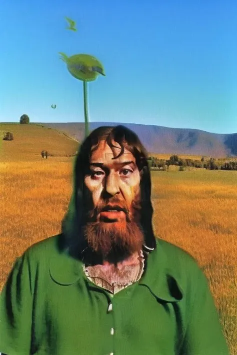 Weirdcore close-up of <ffurian> male character with beard, standing in green hills grass, red sky, 90VHS, (<ffurian> close-up, in weird clothing 1.3),  ffurian looking at viewer (y2k aesthetic 0.8), ms paint style <lora:ms-paint-lora:1> cult leader  (sunny weather 1.2), the matrix movie, <lora:y2kaesthetic:0.7>, 3d render, lush, bloom, neon, half0ster, CCTV Style