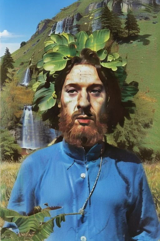 Weirdcore close-up of <ffurian> male character with beard, standing in green hills plants, 90VHS, (<ffurian> close-up, in blue clothing 1.3), ffurian looking at viewer (y2k aesthetic 0.8), ms paint style <lora:ms-paint-lora:1> (sunny weather 1.2), the matrix movie, <lora:y2kaesthetic:0.7>, 3d render, lush, bloom, neon, half0ster
