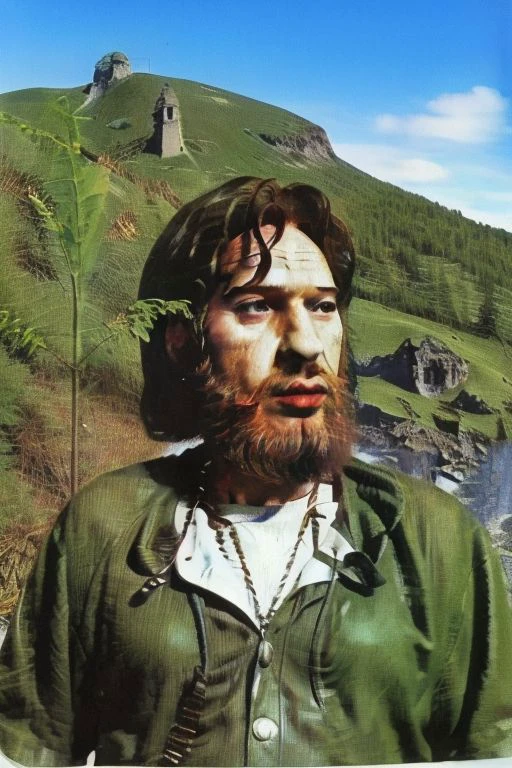 Weirdcore close-up of <ffurian> male character with beard, standing in green hills plants, 90VHS, (<ffurian> close-up, in german clothing 1.3), ffurian looking at viewer (y2k aesthetic 0.8), ms paint style <lora:ms-paint-lora:1> (sunny weather 1.2), the matrix movie, <lora:y2kaesthetic:0.7>, 3d render, lush, bloom, neon, half0ster