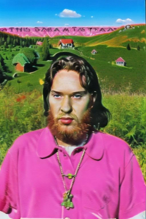 Weirdcore close-up of <ffurian> male character with beard, standing in green hills plants, 90VHS, (<ffurian> close-up, in pink clothing 1.3), ffurian looking at viewer (y2k aesthetic 0.8), ms paint style <lora:ms-paint-lora:1> (sunny weather 1.2), the matrix movie, <lora:y2kaesthetic:0.7>, 3d render, lush, bloom, neon, half0ster