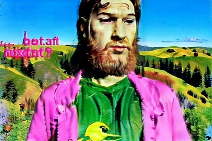Weirdcore close-up of <ffurian> male character with beard, standing in green hills plants, 90VHS, (<ffurian> close-up, in pink clothing 1.3), ffurian looking at viewer (y2k aesthetic 0.8), ms paint style <lora:ms-paint-lora:1> (sunny weather 1.2), the matrix , <lora:y2kaesthetic:0.7>, 3d render, lush, bloom, neon, half0ster