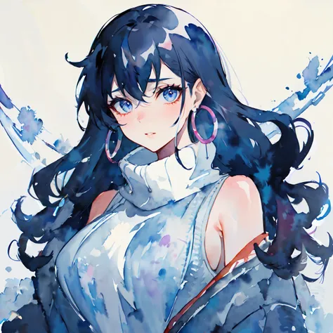 (masterpiece:1.2, best quality), (watercolor:1.3), 1lady, solo, upper body, big tits, Dark skinny jeans, oversized sweater, ankle boots, Loose waves, simple hoop earrings,