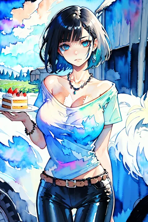 masterpiece, best quality, colorful, high resolution illustration, (watercolor, __focus__:1.3), (intricate details, makeup:0.5), (detailed beautiful delicate face, detailed beautiful delicate eyes, a face of perfect proportion, high detailed skin, detailed skin, a face of perfect proportion, detailed skin, large breasts, wide hips, smooth midriff, skiny and thin, __fashion__, __hair__:1.3), __location__