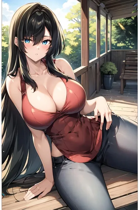 ((masterpiece)),((best quality)),ultra-detailed,illustratio,Explicit,nsfw,Beautiful body,Beautiful Nose,Beautiful character design,perfect eyes,perfect face,wallpaper,ultra highres,
4K,photography,(Beautiful, large breasts:1.5),(beautiful face:1.2),(beautiful legs, perfect legs),full body,shiny skin,anime screencap,official style,
Touka,breasts,1girl,breasts,long hair,black hair,aqua eyes,blue eyes,sitting,solo,pants,bangs,bare shoulders,jeans,comic,cleavage,book,leaf,very long hair,looking at viewer,denim,outdoors,hair between eyes,sleeveless,parted lips,falling leaves,apron,tank top,sky,holding book,shirt,bench,cloud<lora:Touka:0.7>,indoor,corridor,Blue sky,Trees,courtyard,