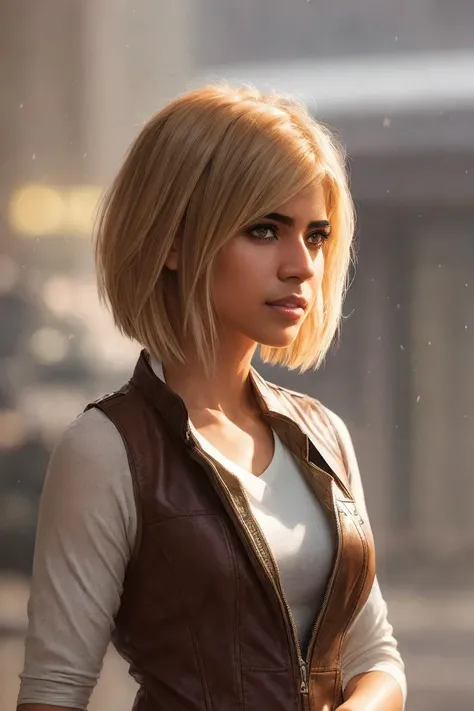photo of strawberry blonde (MackenzieHyde:0.99) (with short straight hair:1.3), wearing a brown leather vest over a white shirt, with silver armor on the shoulders, with an arms, (upper body:1.2) , (extremely detailed CG unity 8k wallpaper), photo of the most beautiful artwork in the world, professional majestic oil painting by Ed Blinkey, Atey Ghailan, Studio Ghibli, by Jeremy Mann, Greg Manchess, Antonio Moro, trending on ArtStation, trending on CGSociety, Intricate, High Detail, Sharp focus, dramatic, photorealistic painting art by midjourney and greg rutkowski, (looking at viewer), (detailed pupils:1.3)