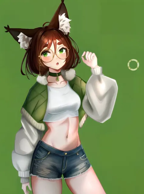 1girl, hands down, :o, <lora:froggy:0.95>, animal ears, brown hair, round eyewear, green eyes, glasses, animal ear fluff, thick eyebrows, bangs, black choker, character request, choker, commentary request, cowboy shot, crop top, cropped jacket, denim, denim shorts, grey jacket, hair between eyes, highres, hood, hooded jacket, jacket, jakqbigone, long sleeves, looking at viewer, midriff, navel, paw print, shorts, simple background, solo, standing, stomach, green background