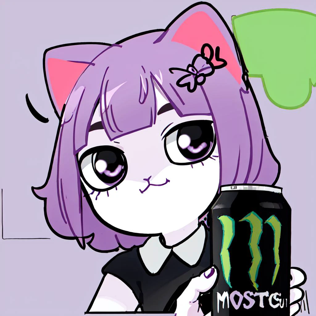 closeup,
<lora:masyunya:0.6>, masyunya, 1girl, purple eyes, purple hair, cat ears,
<lora:my_LoRA_monsterEenergy_v2:0.5>, focus monster energy, monster energy, holding monster energy,