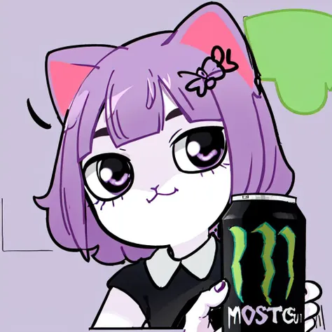 closeup,
<lora:masyunya:0.6>, masyunya, 1girl, purple eyes, purple hair, cat ears, 
 <lora:my_LoRA_monsterEenergy_v2:0.5>, focus monster energy, monster energy, holding monster energy,