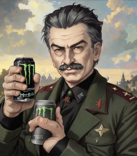 realistic photo of (stalin:1.1), holding monster energy, monster energy, focus monster energy, <lora:my_LoRA_monsterEenergy_v2:0.5>, by Jeremy Lipking, by William Bouguereau, (by Alphonse Mucha:0.5),