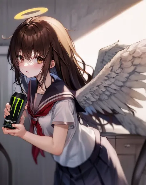1girl, angel wings, brown eyes, brown hair, haibane renmei, halo, rakka, sailor collar, school uniform, <lora:my_LoRA_rakka_v2:0.5> , holding monster energy, monster energy, focus monster energy, <lora:my_LoRA_monsterEenergy_v2:0.5>