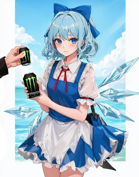 1girl, cirno, holding monster energy, monster energy, focus monster energy, <lora:my_LoRA_monsterEenergy_v2:0.5>