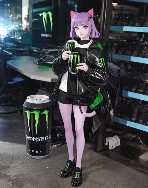 realistic full body photo of a masunya, (purple skin color:1.1), cat ears, (holding monster energy:1.2), monster energy, focus monster energy, <lora:my_LoRA_masunya_v3:0.7> <lora:my_LoRA_monsterEenergy_v2:0.5>