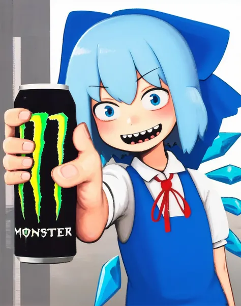 1girl, cirno, holding monster energy, monster energy, energy drink, holding, holding can, <lora:my_LoRA_monsterEenergy_v2:0.6> lozhkin, big smile, accurate teeth with gaps <lora:lozhkin_V1:0.6>