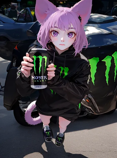 realistic full body photo of a masunya, (purple skin color:1.1), cat ears, (holding monster energy:1.2), monster energy, focus monster energy, <lora:my_LoRA_masunya_v3:0.7> <lora:my_LoRA_monsterEenergy_v2:0.5>