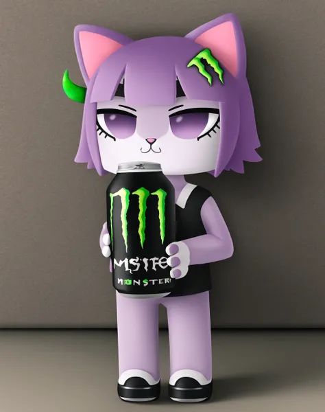 realistic full body photo of a masunya, (purple skin color:1.1), cat ears, (holding monster energy:1.2), monster energy, focus monster energy, <lora:my_LoRA_masunya_v3:0.7> <lora:my_LoRA_monsterEenergy_v2:0.5>