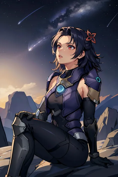 masterpiece, best quality, ashera, hair ornament, armor, bodysuit, black gloves, sitting, rocks, looking up, stars, shooting star, night sky <lora:ashera-nvwls-v1-000010:0.9>