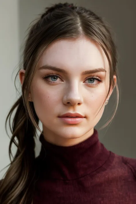 (maan_steenwinkel_V3:0.95), moody ethereal color photograph portrait of a young woman, ponytail hair, turleneck sweater, textured skin, goosebumps, perfect eyes, (bounced lighting), muted low grain, shot on RED Digital Cinema Camera Camera, bokeh, sharp focus on subject