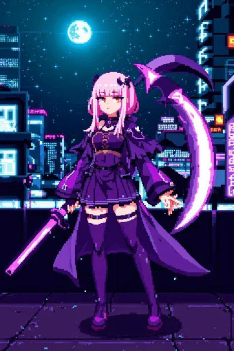 masterpice, best quality, pixel art, 1girl, Mori Calliope virtual youtuber, night city background, aduare style, fullbody, <lora:Aduare Style:0.6> holding scythe