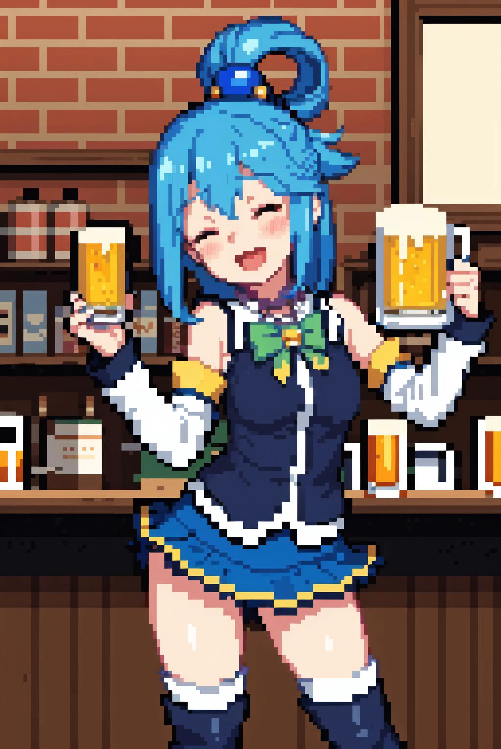 (masterpiece, best quality:1.2), <lora:Aqua:1>, 1girl, blue hair, tavern, hair hair ornament, holding mug, drunk, closed eyes, blush, open mouth, lifting beer mug, having fun, a vest, detached sleeves, thigh-high boots, an extremely short skirt, :D,
