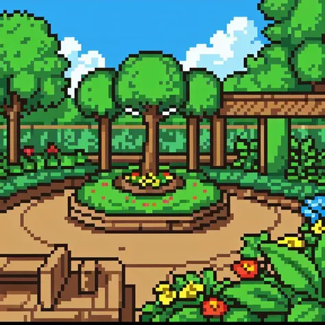 pixel world, garden background, blue sky,