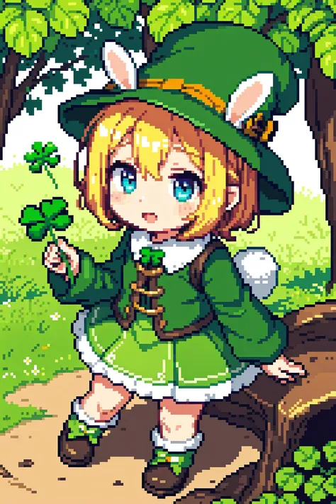 masterpiece, best quality, nature with shamrock, st. patrick's day, chibi rabbit, chibi bunny, green hat,