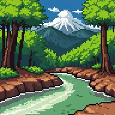 a forest,a river,mountains in the background,