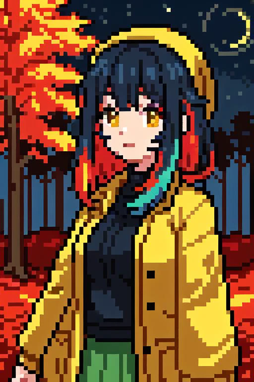 1girl, multicolored hair, upperbody, pixel world,nature, forest, autumn, yellow leaf, night sky