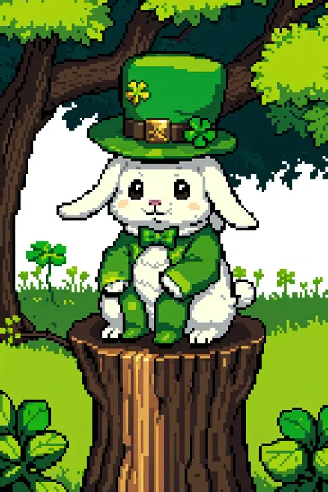masterpiece, best quality, nature with shamrock, st. patrick's day, rabbit, green hat, gold horseshoe, gren ireland ale on tree