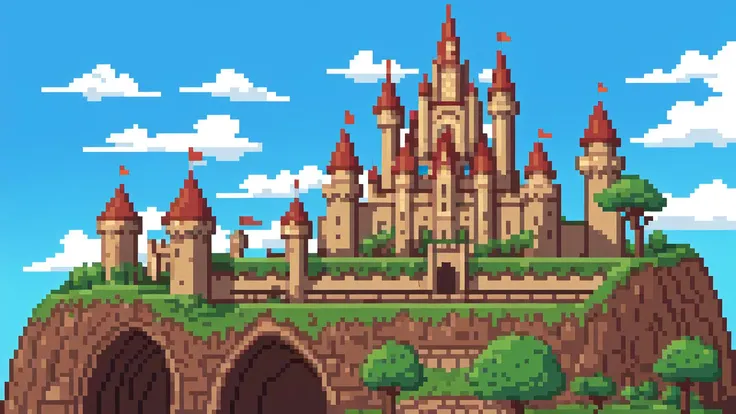 Ghibli inspired kingdom Castle background, blue sky