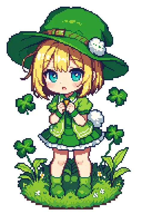 masterpiece, best quality, nature with shamrock, st. patrick's day, chibi rabbit, chibi bunny, green hat,