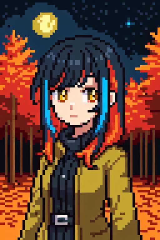 1girl, multicolored hair, upperbody, pixel world,nature, forest, autumn, yellow leaf, night sky