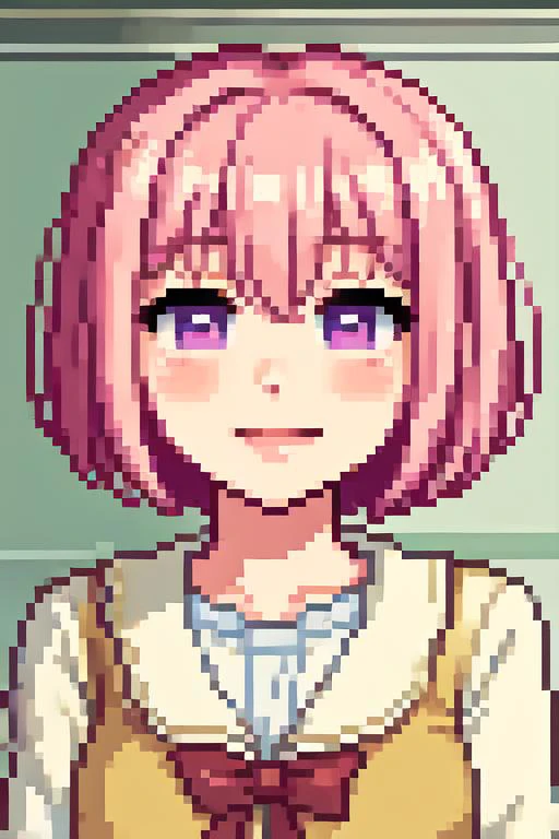 (best quality:1.1), (masterpiece:1.4), (absurdres:1.0), portrait, close up, 1girl, momo velia deviluke, hair ornament, bob cut, short hair pink hair, purple eyes, medium breasts, yellow school uniform, looking at viewer, classroom, (blush:1.2), smile