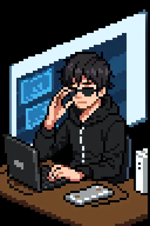 1boy, hacker, upperbody, pixel world,computer, dark room,sitting, black sunglasses,cyberworld,reflection in glasses,touching his glasses