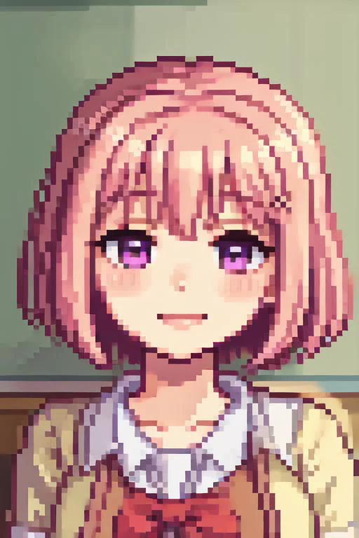(best quality:1.1), (masterpiece:1.4), (absurdres:1.0), portrait, close up, 1girl, momo velia deviluke, hair ornament, bob cut, short hair pink hair, purple eyes, medium breasts, yellow school uniform, looking at viewer, classroom, (blush:1.2), smile