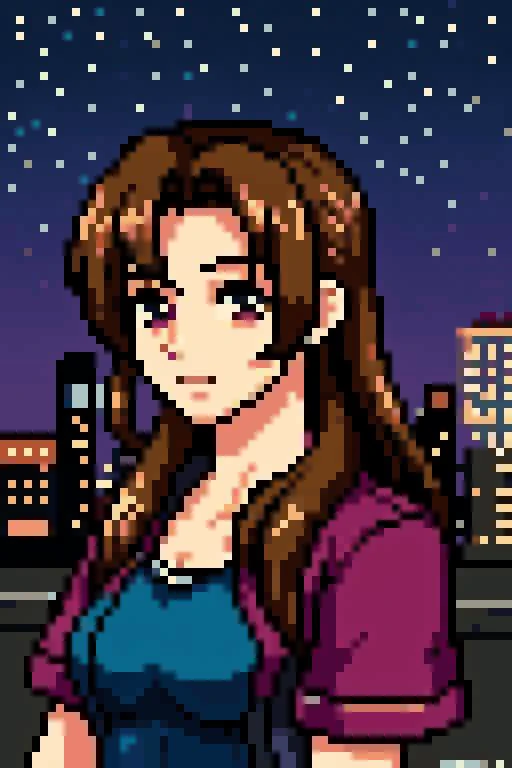 pixelart, 1girl, Aerith, upper body, midgar city at night,
highly detailed, dark light, 4k