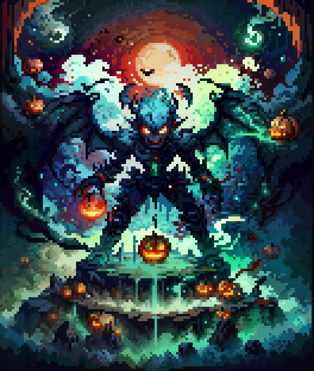 halloweentech, scifi, supernatural green, spooky, maximum details, cinematic, (abstract art:1.1), dark theme, stylized, deep shadow, open mouth, wings, spiked hair, red theme, no humans, horn, energy ball \(pokemon\), light particles, glowing, full body, energy ball, psychic, demon wings, demon horns, dark persona, floating rock, black skin, red background, floating, pink eyes, ghost, monster, glowing eyes, colored skin, fangs, skull,
dynamic action shot of Maris The Dark Witch engaging in spooky magic with a large green energy ball. He has a big smile on his face and his eyes are glowing pink. A large brown demon with purple wings and horns named Magmortar is flying through the air with his arms outstretched holding onto a rock. Below him there is another small black demon named Sableye with red eyes and spiked hair. The background of the image features a dark cave with rocks and stalactites.
 <lora:halloweenTech:1> <lora:add_detail:0.5> <lora:epi_noiseoffset2:0.5>