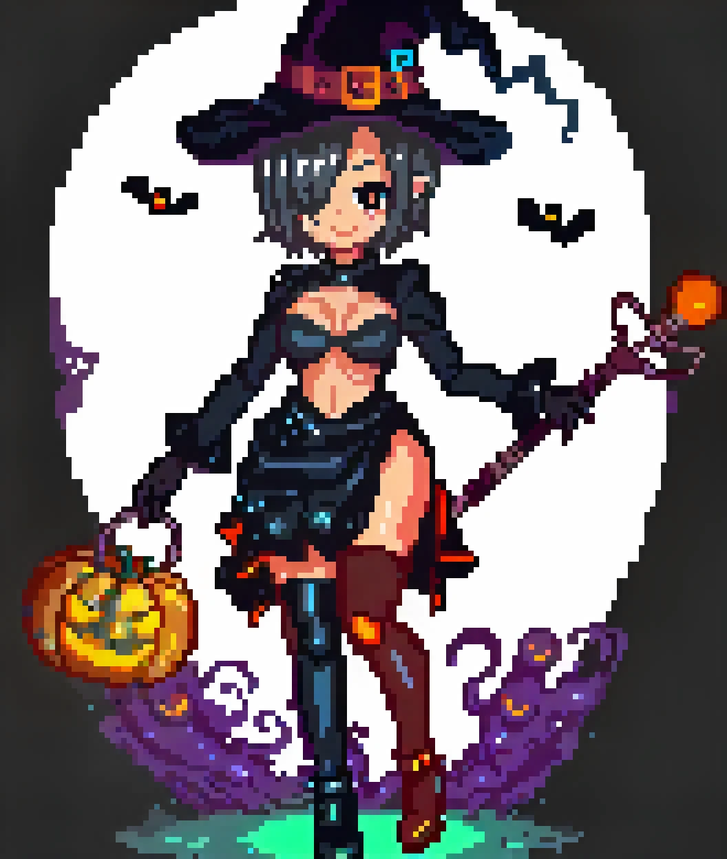 1girl,
MaristheDarkWitch, solo, short hair, black hair, witch hat, black dress, hair over one eye, black eyes, black headwear, medium breasts halloweentech, scifi, supernatural green, alternate costume, cosplay, holding staff, staff, colored skin, holding, gloves, black gloves, hat, full body, closed mouth, dress, long sleeves, clothing cutout, spooky \(zelda\) \(cosplay\), cleavage cutout, glowing, breasts, white skin, glowing eyes, halloween costume, smile, looking at viewer,
A young girl dressed up as a witch. she is wearing a black and orange outfit with a pointed hat and holding a broomstick in her right hand. the outfit has a high neckline and long sleeves, and she is also wearing thigh-high boots. the background is dark blue with small white dots scattered throughout, giving it a spooky halloween theme. the girl has black hair and is smiling at the camera.
<lora:MaristheDarkWitch-10:1> <lora:halloweenTech:1>
