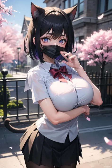 masterpiece, best quality, ultra-detailed, glistening shiny, glowing light, ray tracing, HDR, deph of field, (perfect face, detailed face, detailed eyes,perfect hands,perfect fingers),(large boobs:1.2),8k,HD,ultra realistic face,ray tracing,perfect lighting,best quality, ultra-detailed, shiny eyes, (looking at viewer,open mouth smile:1.1), ((1girl)), (mature female:1.4),cowboy shot,thicc,hug pov,
((black-dark gradient hair)),short hair,multicolored eyes, gradient eyes, (blue eyes),(glowing eyes:1.5), mascara, (fashion make up), parted lips,blush,((real cat ears,animal ears)),school uniform,skirt,blaze,shirt,tie,hair bow,((mask covering the mouth)),
((school gate, wall, cherry tree, cherry petals in the air)),(complex background, many elements in the background:1.2),((super detailed background)), dynamic poses, ((8k wallpaper))